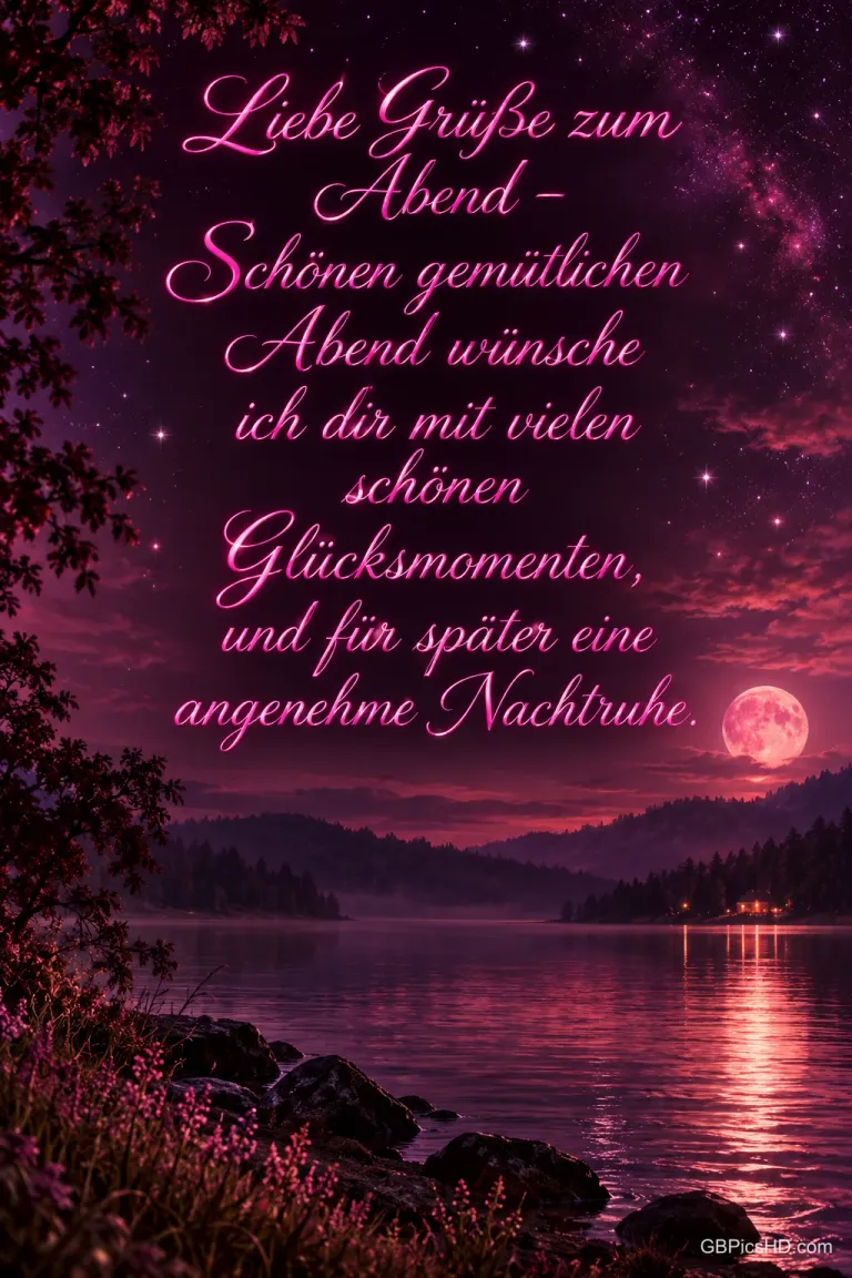 Ein rosa Mond und Sterne leuchten über einem See mit dunklen Bergen und Blumen am Ufer: "Liebe Grüße zum Abend".