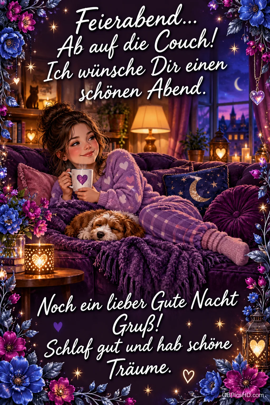 Eine Frau liegt mit einer Tasse und einem Hund auf einem violetten Sofa unter dem Gruß "Feierabend... Ab auf die Couch!". Eine Frau liegt mit einer Tasse und einem Hund auf einem violetten Sofa unter dem Gruß "Feierabend... Ab auf die Couch!".
