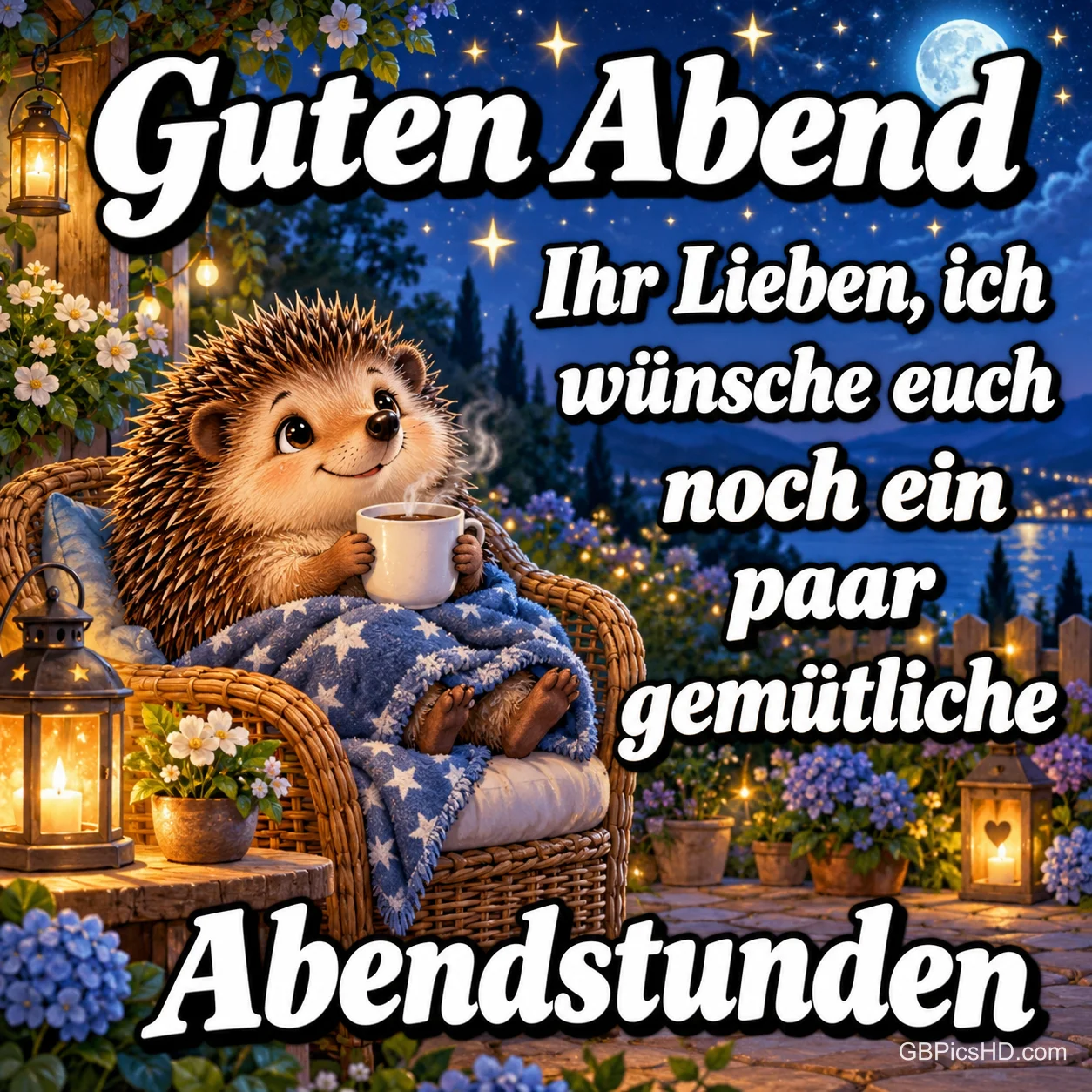 Ein gezeichneter Igel sitzt mit Tasse und Sternendecke im Korbsessel zwischen Blumen und Laternen, dazu "Guten Abend".