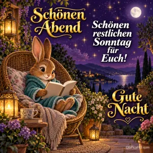 Ein Hase liest im Korbsessel auf einer blühenden Terrasse: "Schönen Abend Schönen restlichen Sonntag für Euch! Gute Nacht".
