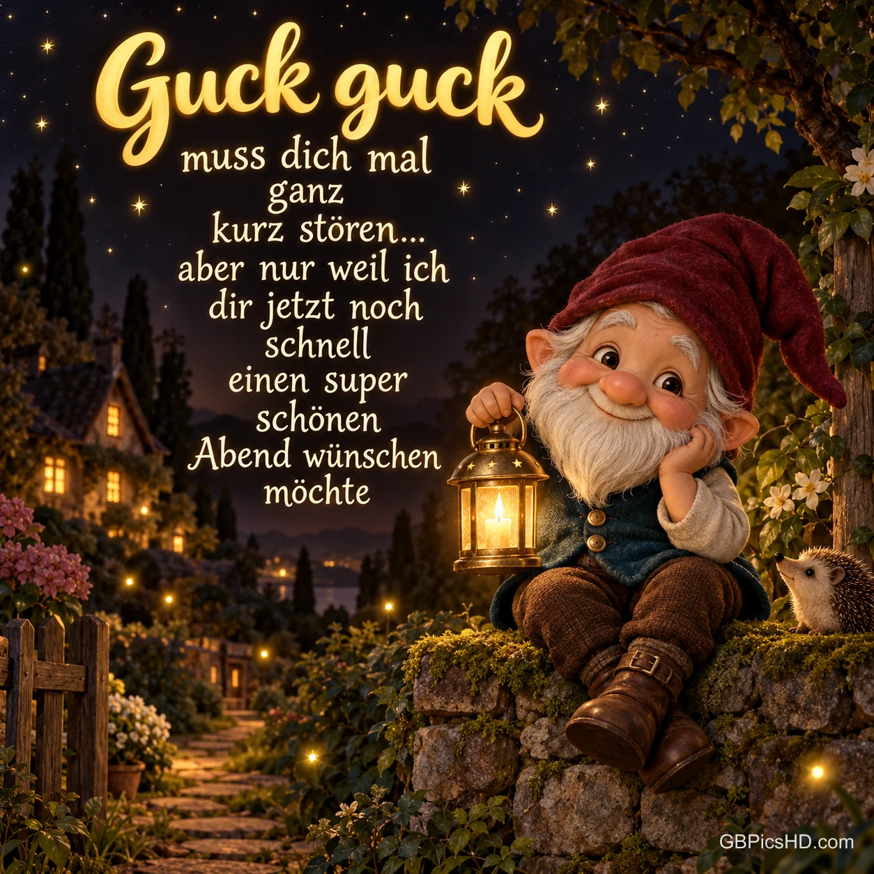 Zwerg mit Laterne: "Guck guck muss dich mal ganz kurz stören... aber nur weil ich dir jetzt noch schnell einen super schönen Abend wünschen möchte".