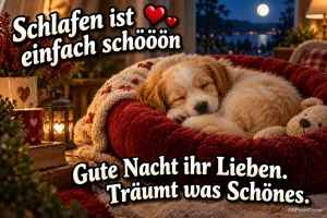 Ein Welpe schläft auf roten und cremefarbenen Decken: "Schlafen ist einfach schööön Gute Nacht ihr Lieben. Träumt was Schönes.".