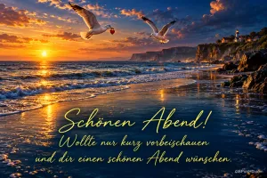 Zwei Möwen fliegen über dem Strand im Sonnenuntergang, eine trägt ein rotes Herz im Schnabel: "Schönen Abend!".