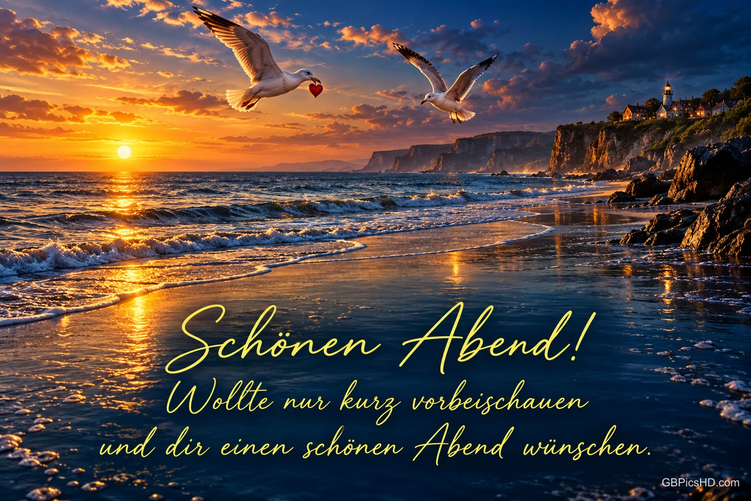 Zwei Möwen fliegen über dem Strand im Sonnenuntergang, eine trägt ein rotes Herz im Schnabel: "Schönen Abend!".