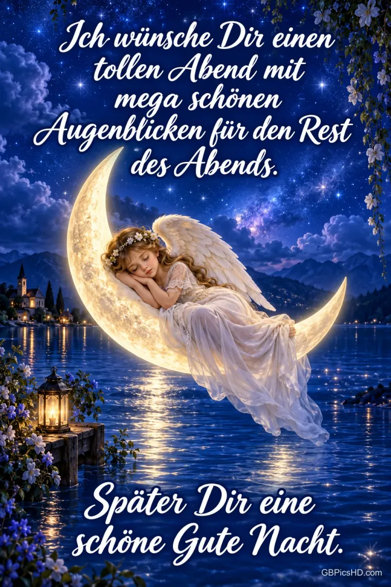 Ein schlafender Engel ruht auf einer leuchtenden Mondsichel über einem See: "Ich wünsche Dir einen tollen Abend".