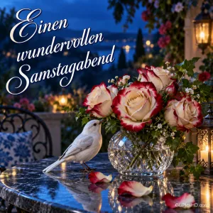 Ein weißer Vogel neben Rosen in einer Glasvase auf einem Tisch bei Laternenlicht: "Einen wundervollen Samstagabend".