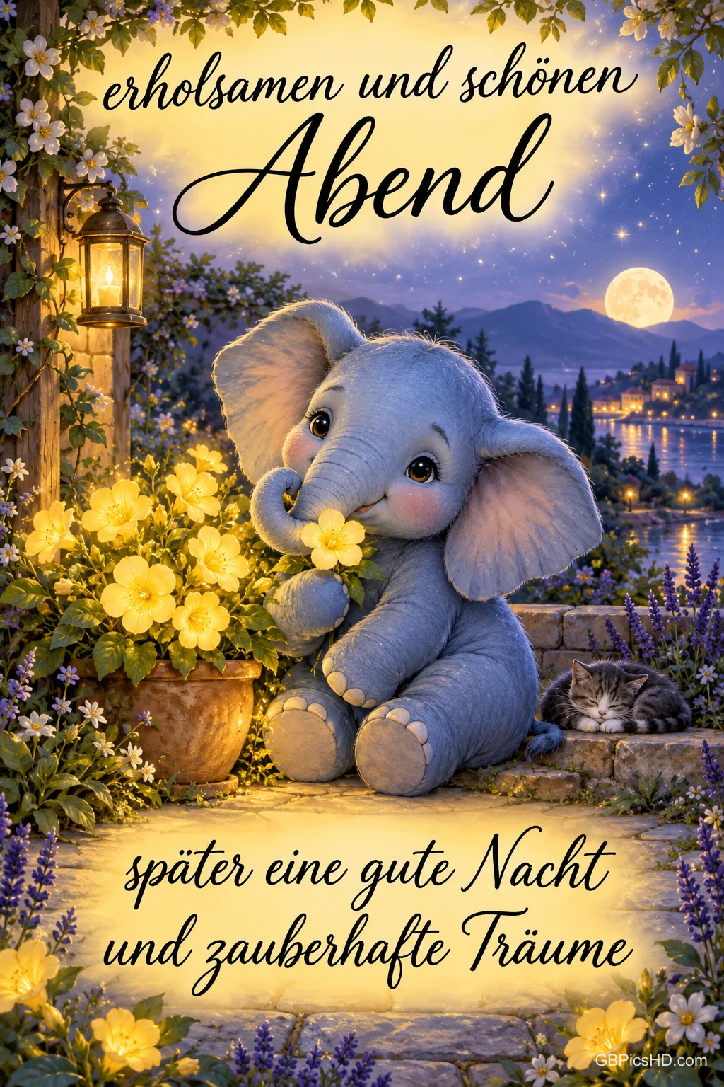 Ein kleiner Elefant hält eine Blume neben einem schlafenden Kätzchen; darüber steht "Erholsamen und schönen Abend".