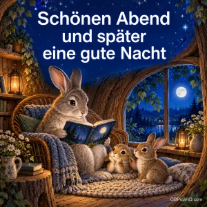 Ein Kaninchen liest zwei kleinen Kaninchen bei Laternenlicht vor; oben steht "Schönen Abend und später eine gute Nacht".