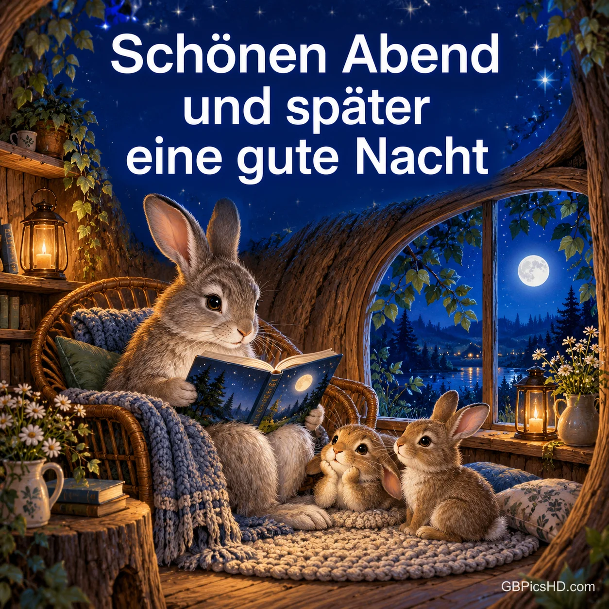 Ein Kaninchen liest zwei kleinen Kaninchen bei Laternenlicht vor; oben steht "Schönen Abend und später eine gute Nacht".