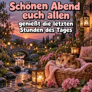 Ein Hamster liegt im Korb mit rosa Decke neben Laternen; dahinter ein Bach und eine Steinbrücke, darüber "Schönen Abend euch allen".