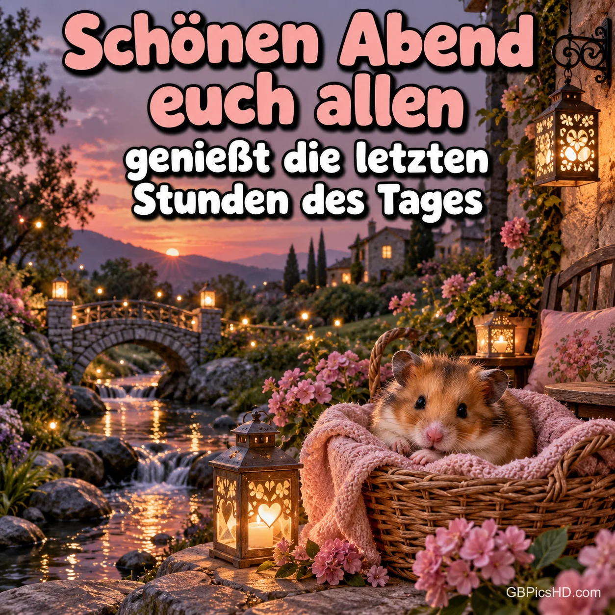 Ein Hamster liegt im Korb mit rosa Decke neben Laternen; dahinter ein Bach und eine Steinbrücke, darüber "Schönen Abend euch allen".