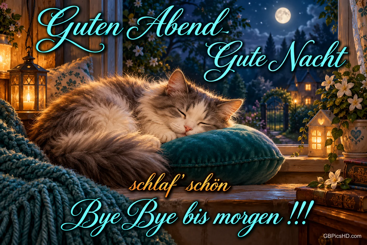 Eine Katze schläft auf einem türkisfarbenen Kissen am Fenster zwischen Laternen; dort steht "Guten Abend Gute Nacht".