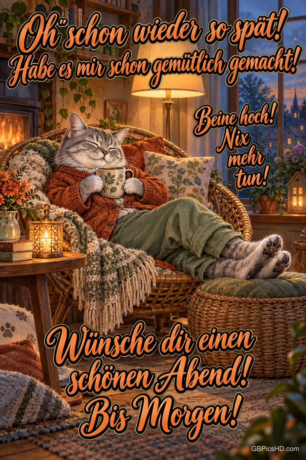 Eine Katze mit Pullover und Hose ruht mit einer Tasse im Korbsessel; der Gruß lautet "Wünsche dir einen schönen Abend!".