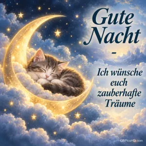 Ein Kätzchen schläft auf einer goldenen Mondsichel zwischen Wolken und Sternen neben dem Gruß "Gute Nacht".