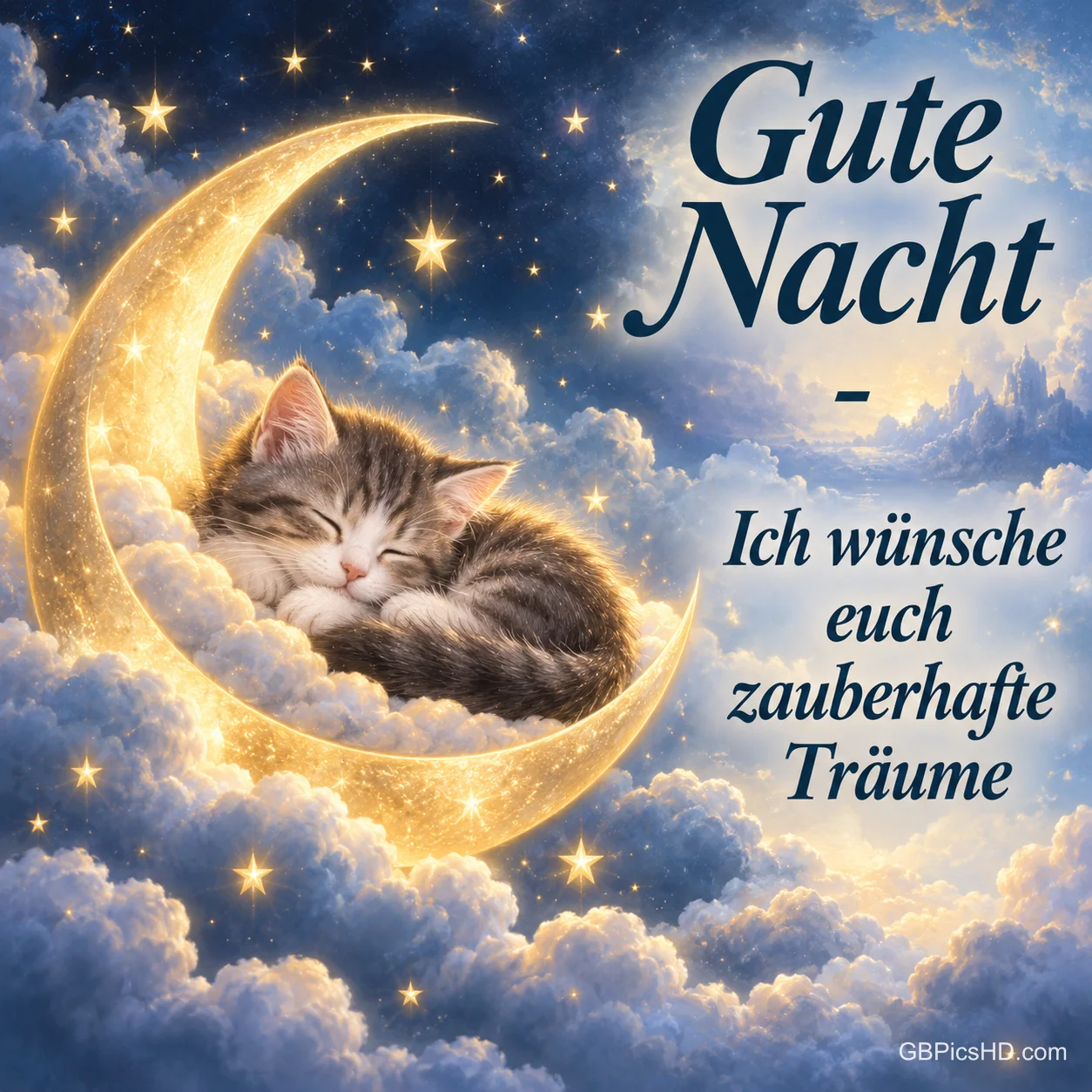 Ein Kätzchen schläft auf einer goldenen Mondsichel zwischen Wolken und Sternen neben dem Gruß "Gute Nacht".
