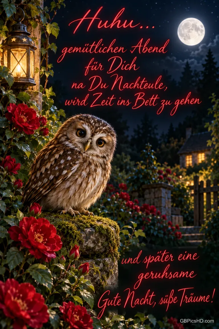 Eine Eule sitzt bei roten Rosen und einer Laterne auf einer moosigen Mauer im Mondschein: "Huhu...".