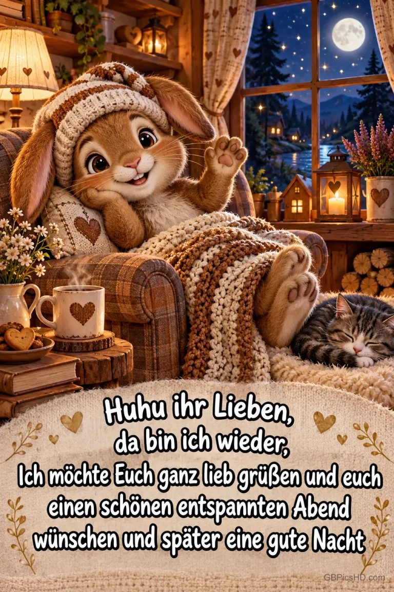 Ein Kaninchen mit Strickmütze winkt aus einem Sessel neben einer schlafenden Katze; unten steht "Huhu ihr Lieben, da bin ich wieder".
