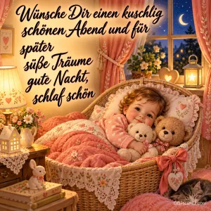 Ein Kind kuschelt mit zwei Teddybären in einem Korbbett; links steht der Gruß "Gute Nacht, schlaf schön".