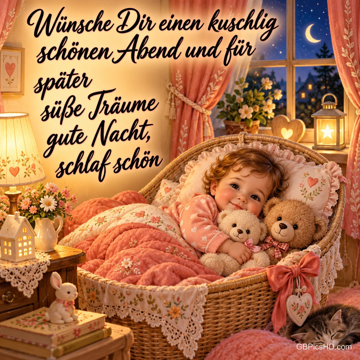 Ein Kind kuschelt mit zwei Teddybären in einem Korbbett; links steht der Gruß "Gute Nacht, schlaf schön".