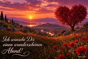 Roter Baum und Mohnblumen über einer Flusslandschaft im Sonnenuntergang mit "Ich wünsche Dir einen wunderschönen Abend!".