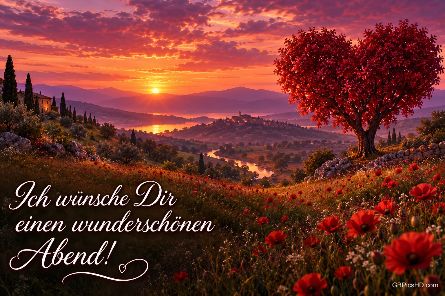 Roter Baum und Mohnblumen über einer Flusslandschaft im Sonnenuntergang mit "Ich wünsche Dir einen wunderschönen Abend!".