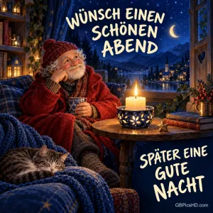 Ein älterer Mann mit roter Mütze hält eine Tasse neben einer Kerze und einer schlafenden Katze; oben steht "WÜNSCH EINEN SCHÖNEN ABEND".