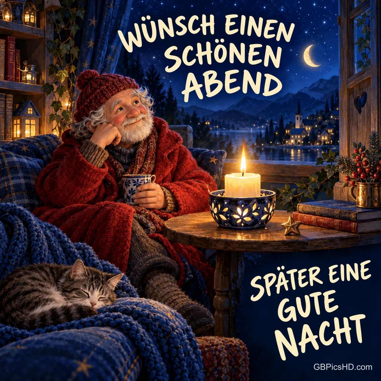 Ein älterer Mann mit roter Mütze hält eine Tasse neben einer Kerze und einer schlafenden Katze; oben steht "WÜNSCH EINEN SCHÖNEN ABEND".