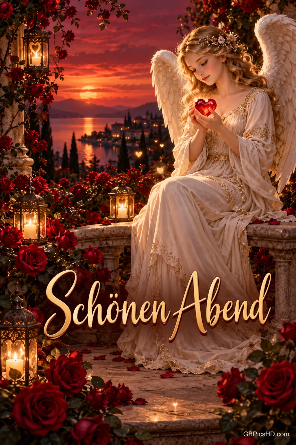 Ein Engel hält ein rotes Herz zwischen Rosen und Laternen vor einem See im Sonnenuntergang; unten steht "Schönen Abend".