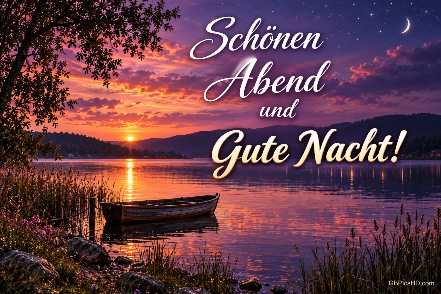 Ein Ruderboot liegt am Seeufer im violett-orangefarbenen Abendlicht unter einer Mondsichel, dazu "Schönen Abend und gute Nacht!".