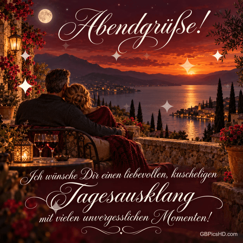 Ein Paar kuschelt auf einer Terrasse mit Wein und Laternen vor einem See im Sonnenuntergang, darüber "Abendgrüße!".