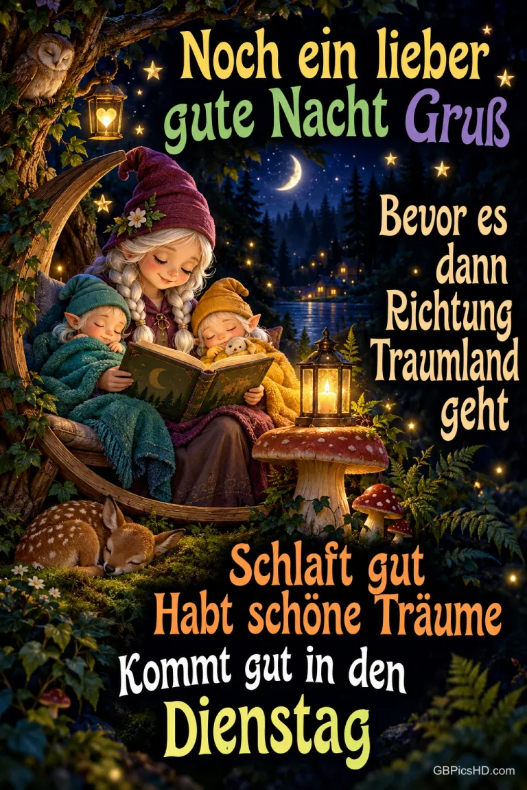 Eine Märchenfigur liest zwei schlafenden Kindern im nächtlichen Wald vor, dazu der Gruß "Schlaft gut".