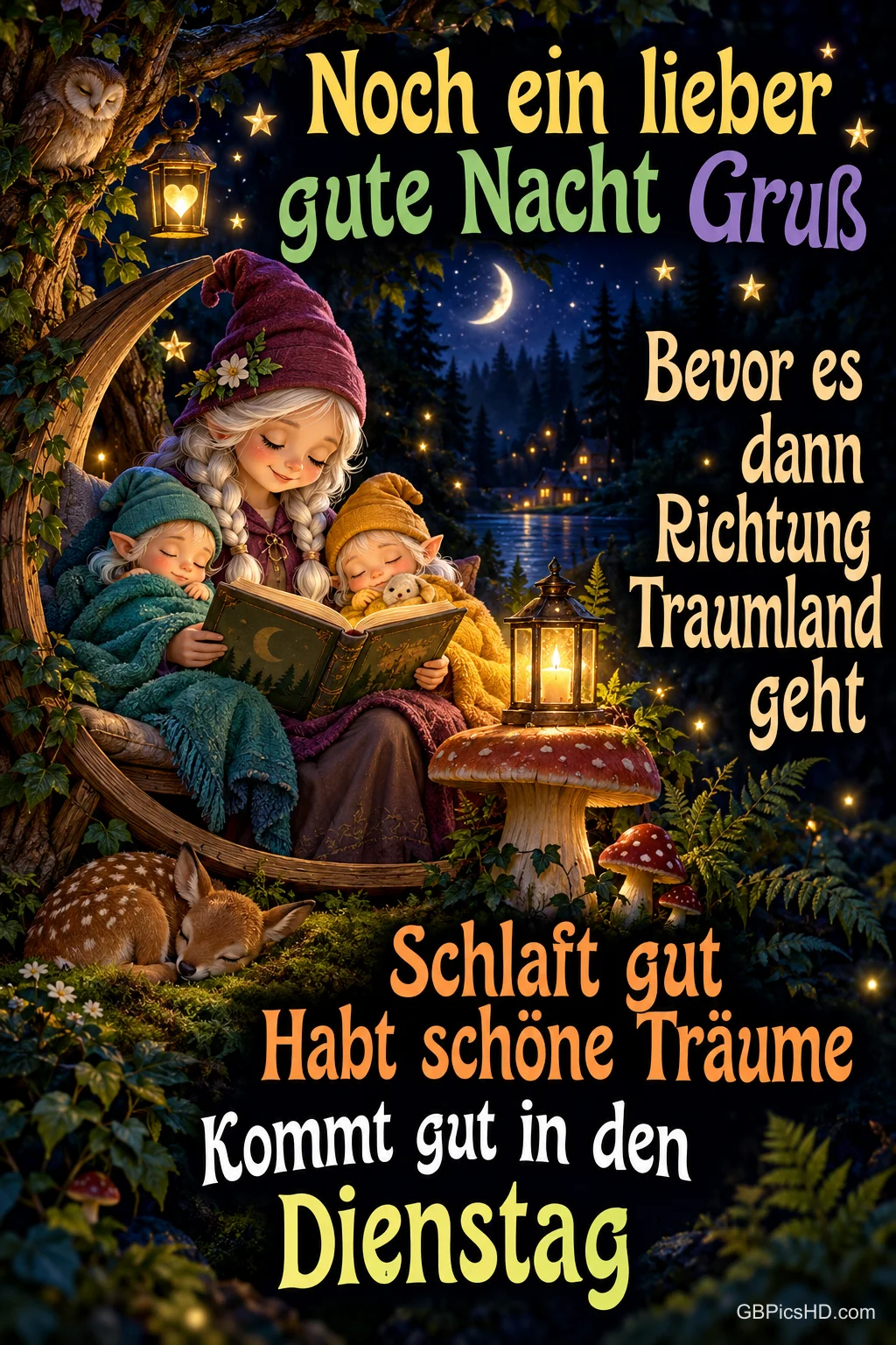 Eine Märchenfigur liest zwei schlafenden Kindern im nächtlichen Wald vor, dazu der Gruß "Schlaft gut".