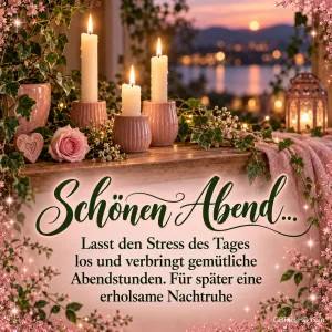 Drei brennende Kerzen in rosa Haltern stehen zwischen Efeu und Blumen vor einem See im Abendlicht, darunter "Schönen Abend...".