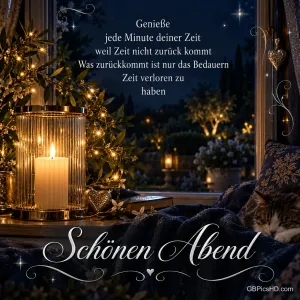 Eine Katze schläft auf einer Decke am Fenster neben einer großen Kerze und Lichterzweigen, darunter "Schönen Abend".