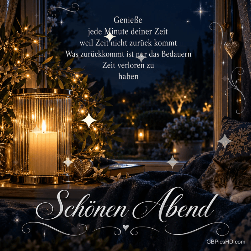 Eine Katze schläft auf einer Decke am Fenster neben einer großen Kerze und Lichterzweigen, darunter "Schönen Abend".
