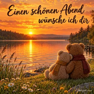 Zwei Teddybären mit Schals sitzen am See im Sonnenuntergang, darüber "Einen schönen Abend wünsche ich dir".