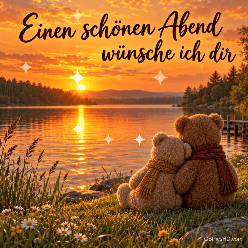 Zwei Teddybären mit Schals sitzen am See im Sonnenuntergang, darüber "Einen schönen Abend wünsche ich dir".