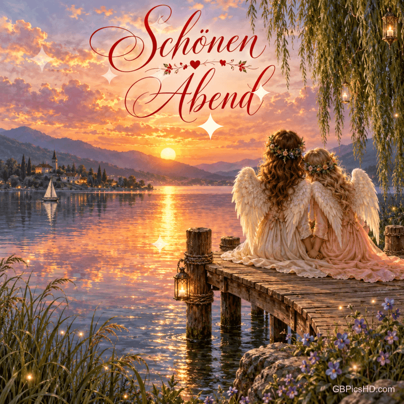 Zwei geflügelte Mädchen mit Blumenkränzen sitzen auf einem Steg am See im Sonnenuntergang, darüber "Schönen Abend".