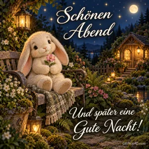Ein Plüschhase hält eine Blume auf einer Gartenbank vor einem beleuchteten Häuschen, dazu "Schönen Abend".