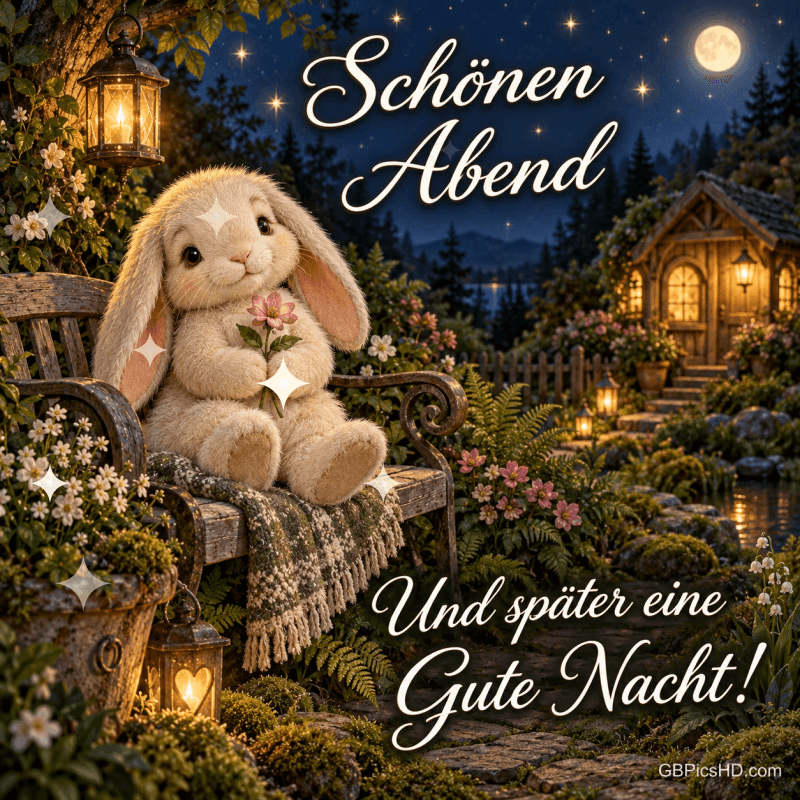 Ein Plüschhase hält eine Blume auf einer Gartenbank vor einem beleuchteten Häuschen, dazu "Schönen Abend".