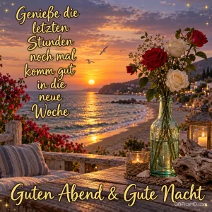 Rote und weiße Rosen stehen neben Kerzen auf einem Holztisch über dem Strand im Sonnenuntergang, dazu "Guten Abend & gute Nacht".