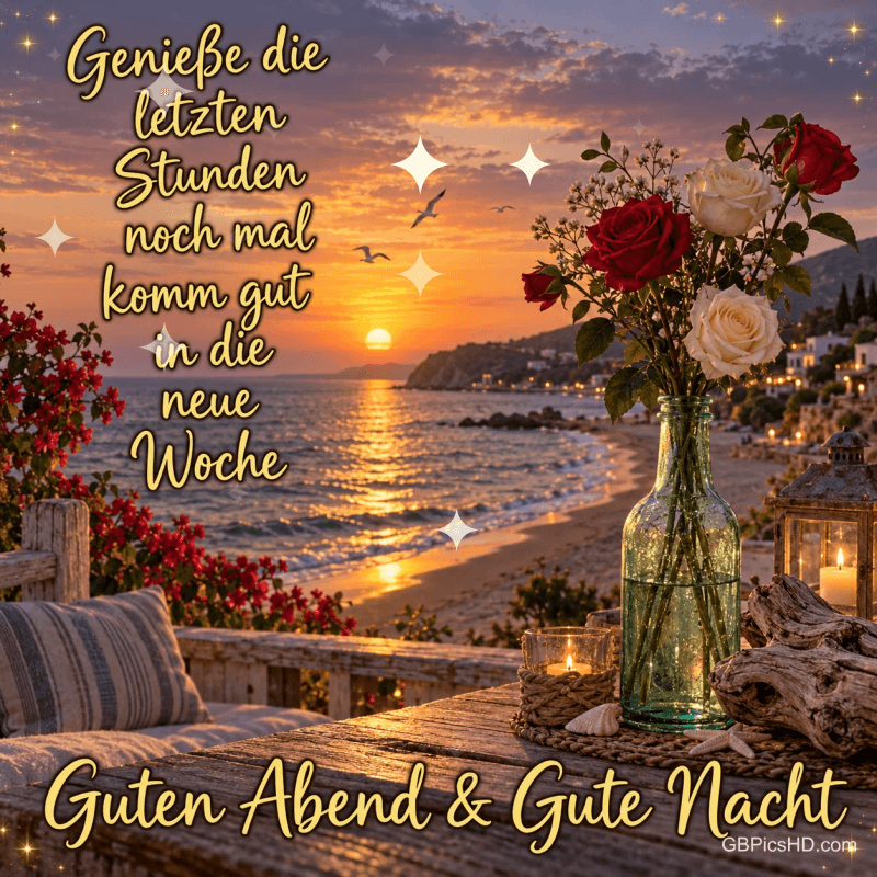 Rote und weiße Rosen stehen neben Kerzen auf einem Holztisch über dem Strand im Sonnenuntergang, dazu "Guten Abend & gute Nacht".