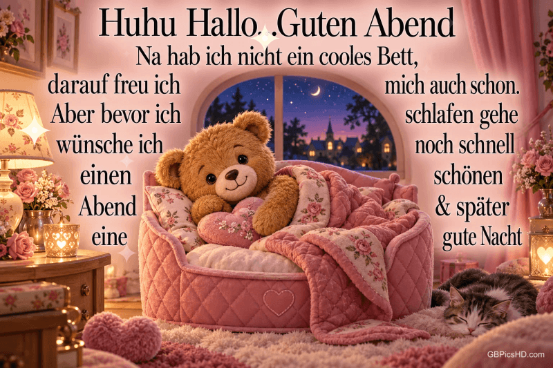 Ein Teddybär liegt im rosa Bett, daneben schläft eine Katze; darüber und seitlich steht "Guten Abend" mit einem Abendgruß.