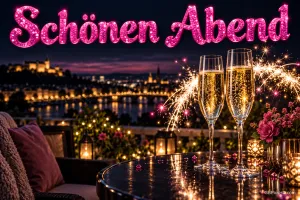 Zwei Sektgläser und sprühende Funken stehen vor einer beleuchteten Stadt am Wasser unter dem pinken Gruß "Schönen Abend".