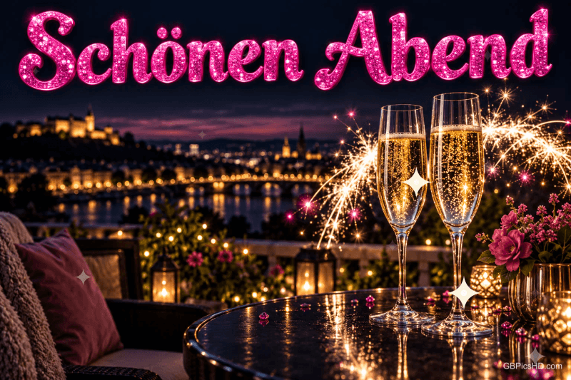 Zwei Sektgläser und sprühende Funken stehen vor einer beleuchteten Stadt am Wasser unter dem pinken Gruß "Schönen Abend".