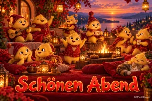 Kleine gelbe Fantasiewesen musizieren und sitzen bei Laternen um ein Feuer auf einer Terrasse; unten steht "Schönen Abend".
