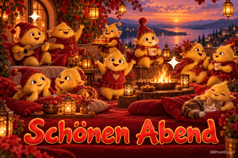 Kleine gelbe Fantasiewesen musizieren und sitzen bei Laternen um ein Feuer auf einer Terrasse; unten steht "Schönen Abend".