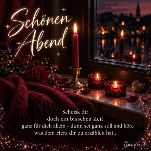 Rote Kerzen, Rosen und eine kuschelige Decke liegen am Fenster mit Blick auf die Stadt; links oben steht "Schönen Abend".