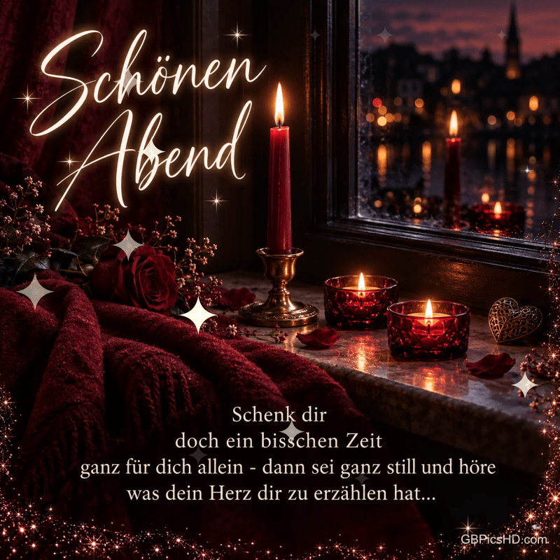 Rote Kerzen, Rosen und eine kuschelige Decke liegen am Fenster mit Blick auf die Stadt; links oben steht "Schönen Abend".