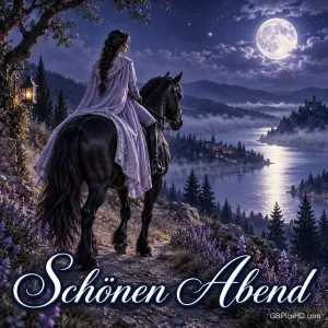 Eine Frau auf einem schwarzen Pferd blickt auf einen See im Mondlicht; darunter steht "Schönen Abend".